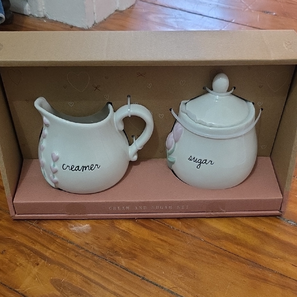 Rae Dunn White Porcelain Creamer and Sugar Set with Pink Accents